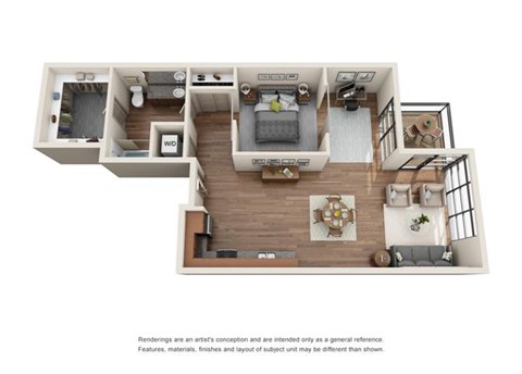 Floor plan for 1 bed, 1 bath, 838 sqft