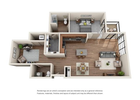 Floor plan for 1 bed, 1.5 baths, 1166 sqft