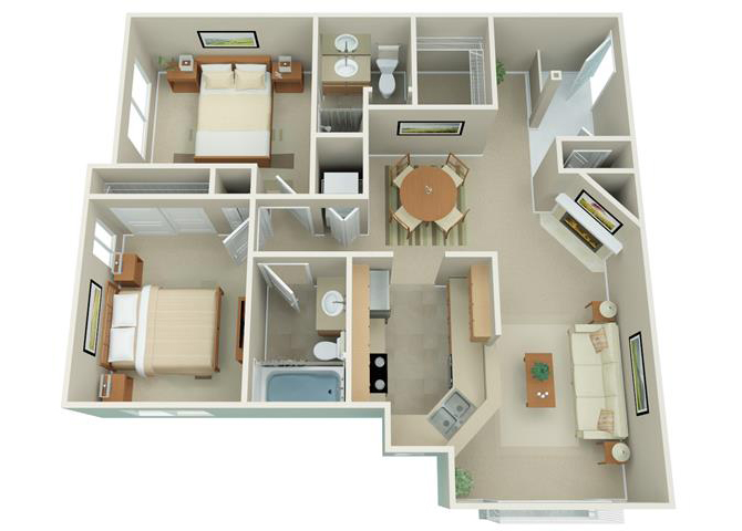 Floor plan for 2 beds, 2 baths, 1050 sqft