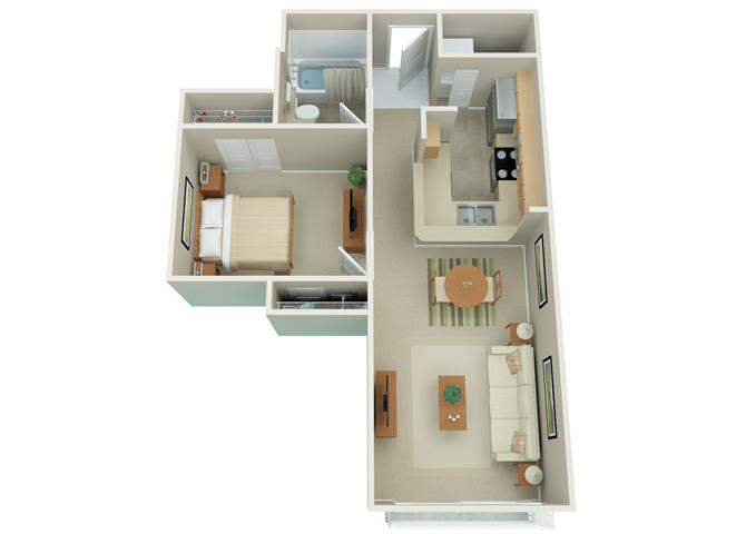 Floor plan for 1 bed, 1 bath, 589 sqft