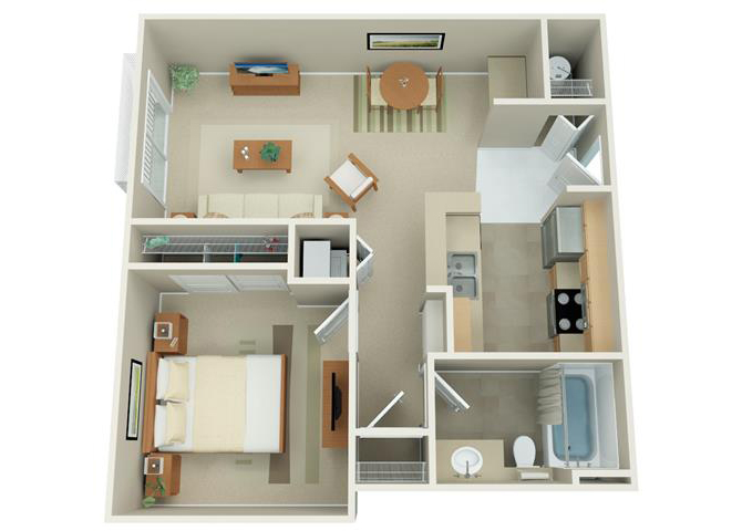 Floor plan for 1 bed, 1 bath, 615 sqft