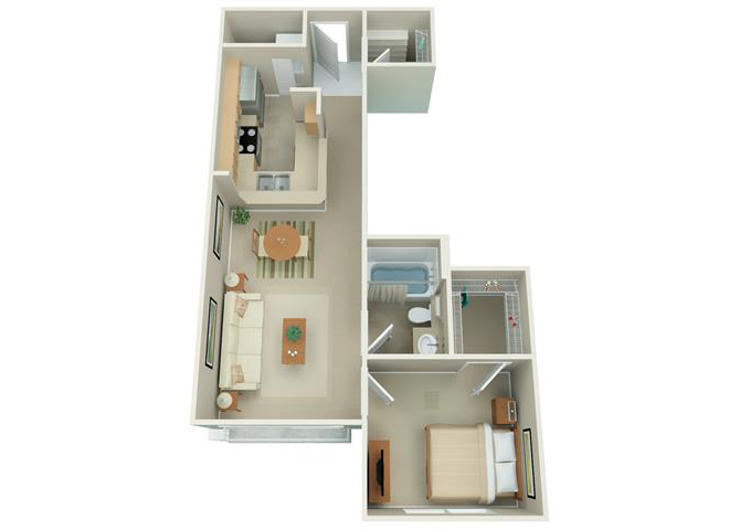 Floor plan for 1 bed, 1 bath, 596 sqft