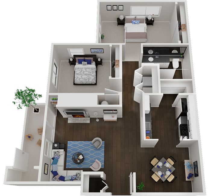 Floor plan for 2 beds, 1 bath, 980 sqft