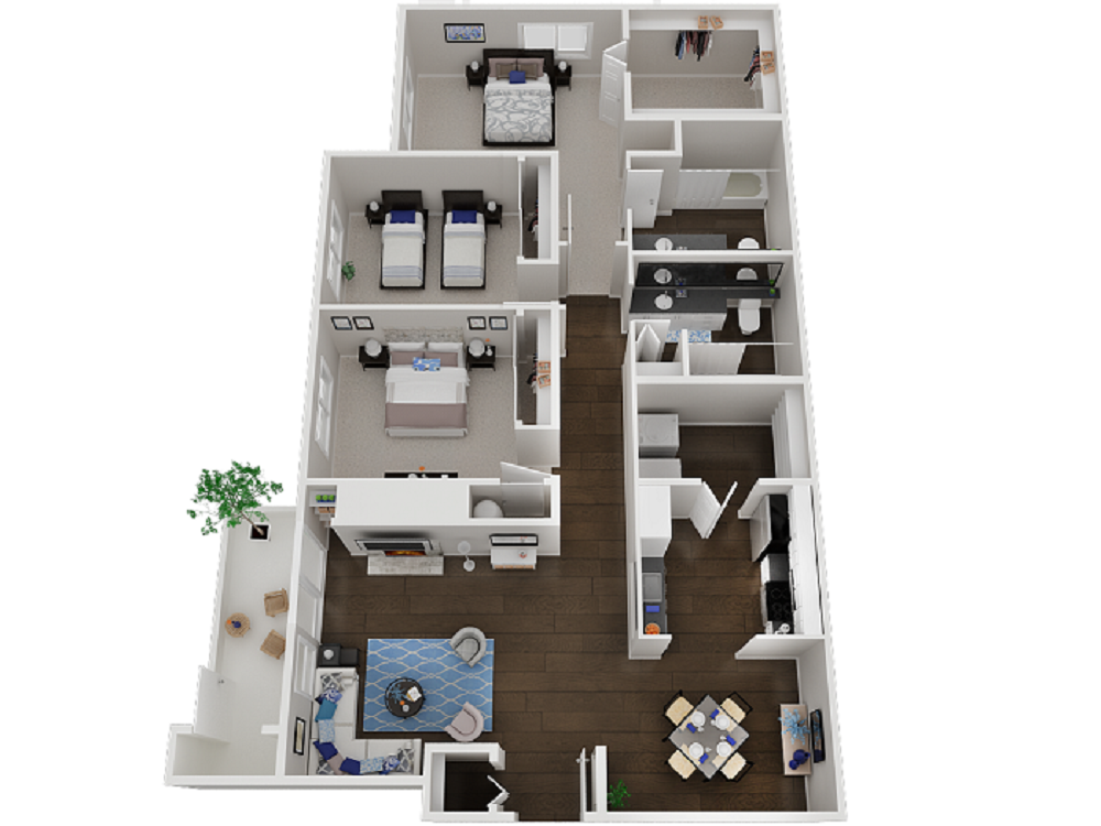 Floor plan for 3 beds, 2 baths, 1280 sqft