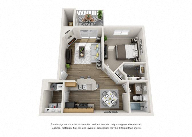 Floor plan for 1 bed, 1 bath, 750 sqft