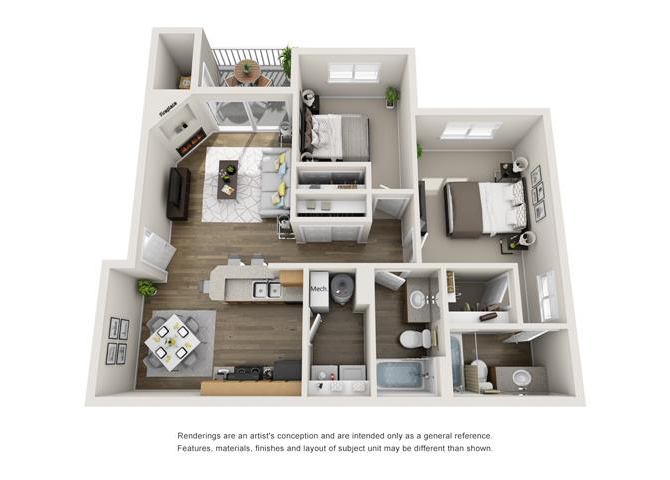 Floor plan for 2 beds, 2 baths, 1075 sqft