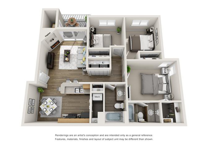 Floor plan for 3 beds, 2 baths, 1150 sqft