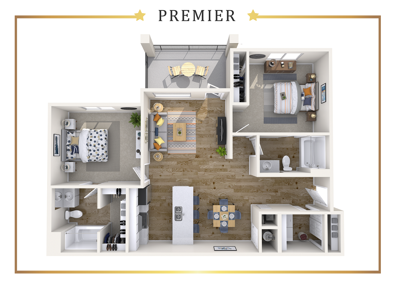 Floor plan for 2 beds, 2 baths, 1051 sqft