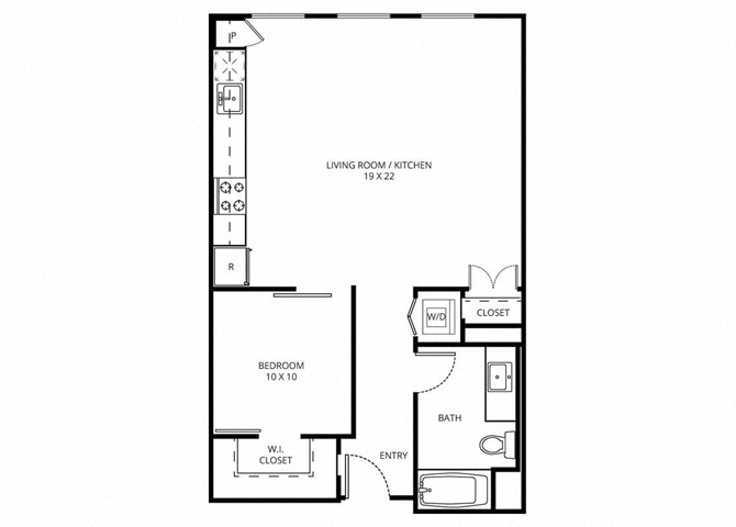 Floor plan for 1 bed, 1 bath, 793 sqft