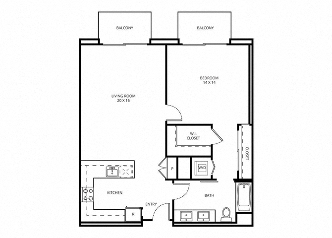 Floor plan for 1 bed, 1 bath, 973 sqft