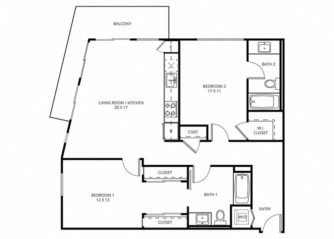 Floor plan for 2 beds, 2 baths, 1128 sqft