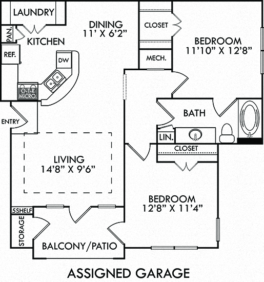 Floor plan for 2 beds, 1 bath, 952 sqft