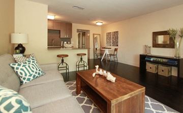 Austin apartment for rent - A living room with a grey couch and a wooden coffee table.