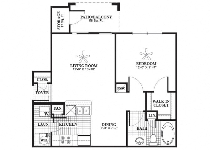 Floor plan for 1 bed, 1 bath, 655 sqft