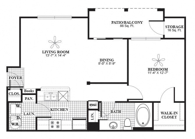 Floor plan for 1 bed, 1 bath, 746 sqft