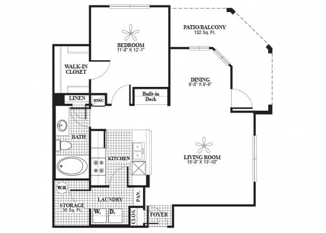 Floor plan for 1 bed, 1 bath, 801 sqft
