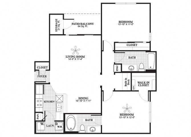 Floor plan for 2 beds, 2 baths, 1092 sqft