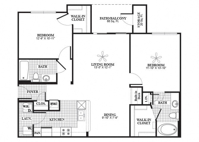 Floor plan for 2 beds, 2 baths, 1098 sqft