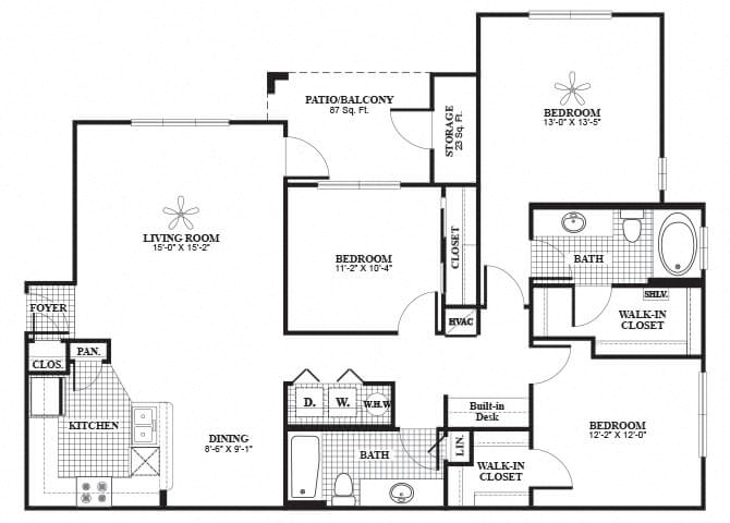 Floor plan for 3 beds, 2 baths, 1388 sqft