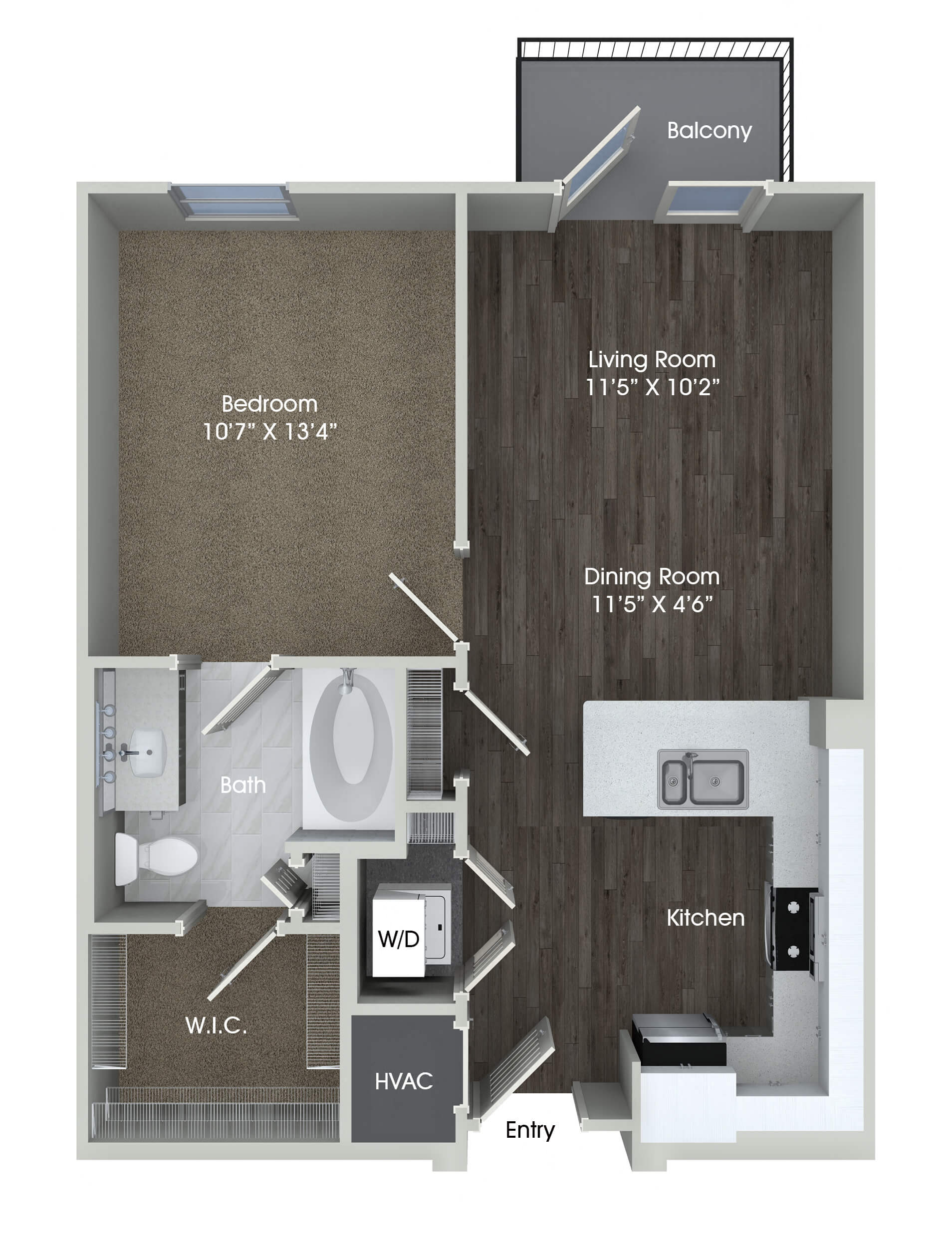 Floor plan for 1 bed, 1 bath, 648 sqft