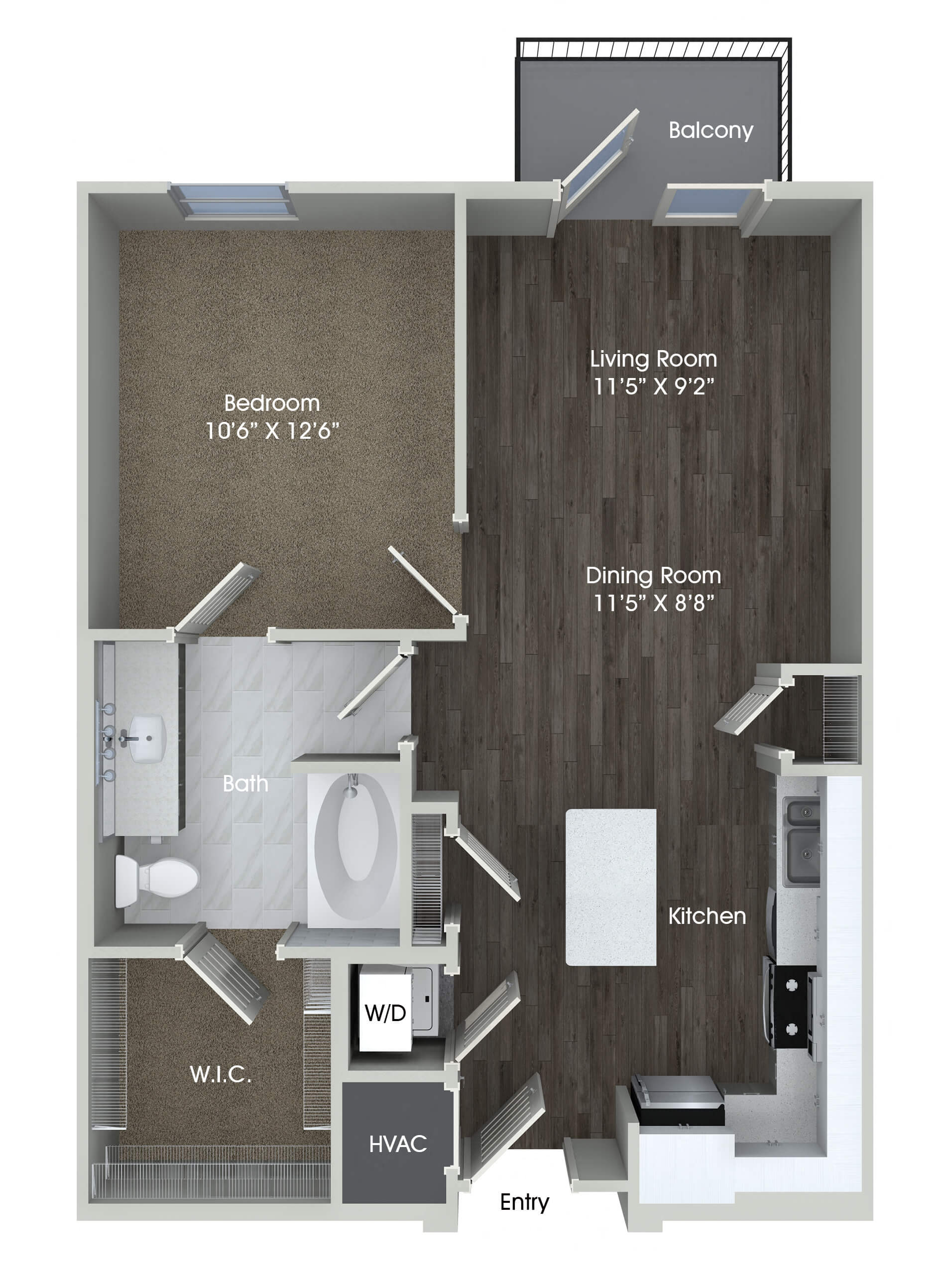 Floor plan for 1 bed, 1 bath, 687 sqft
