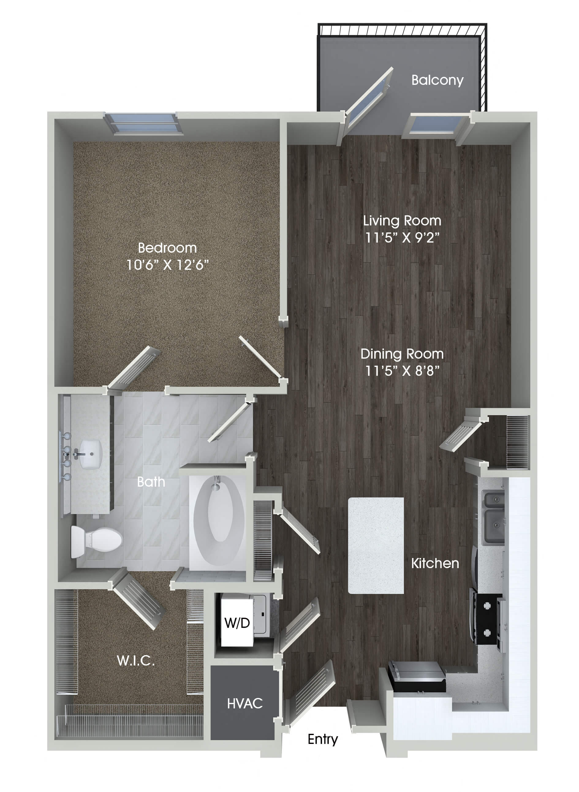 Floor plan for 1 bed, 1 bath, 687 sqft