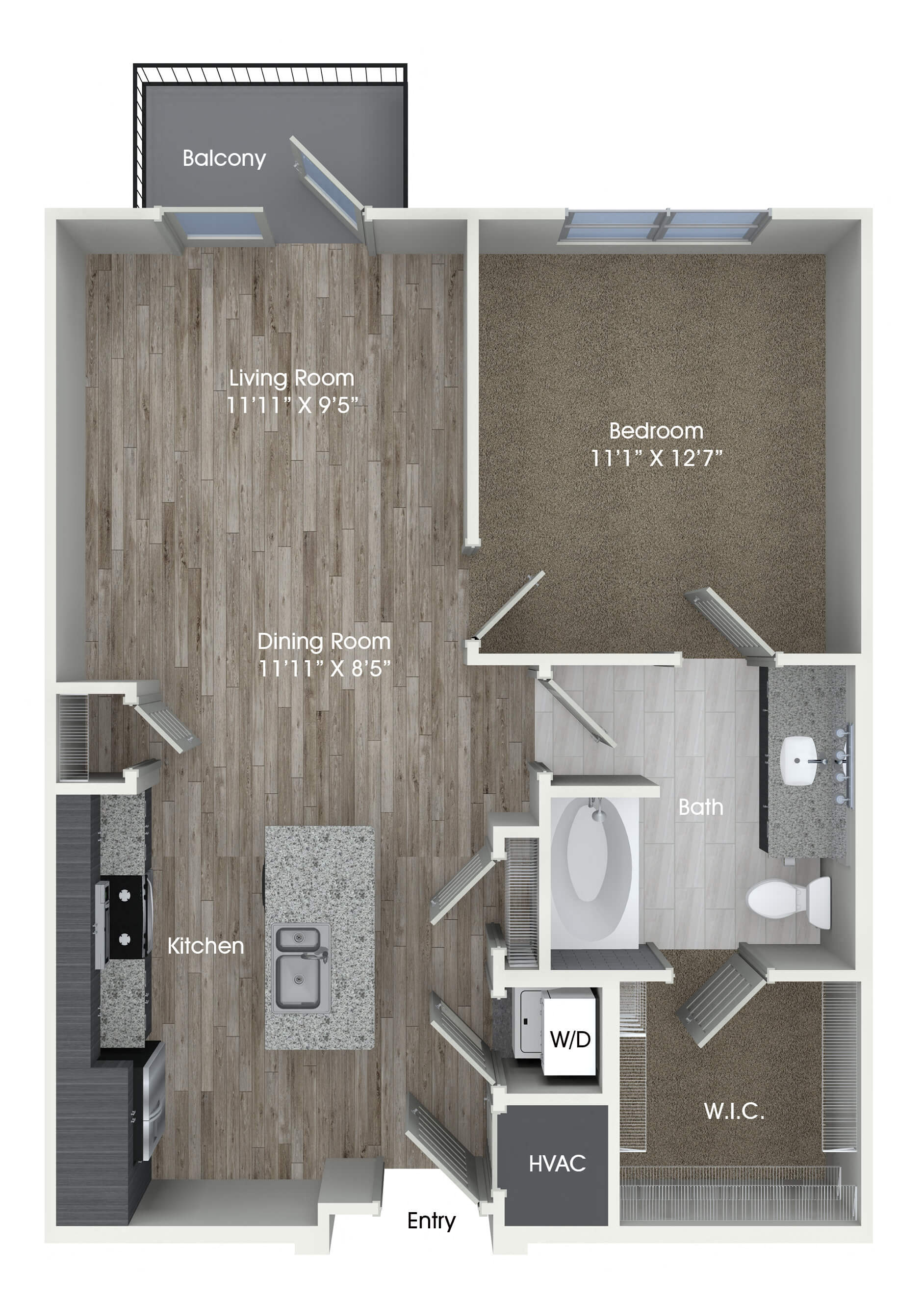 Floor plan for 1 bed, 1 bath, 716 sqft