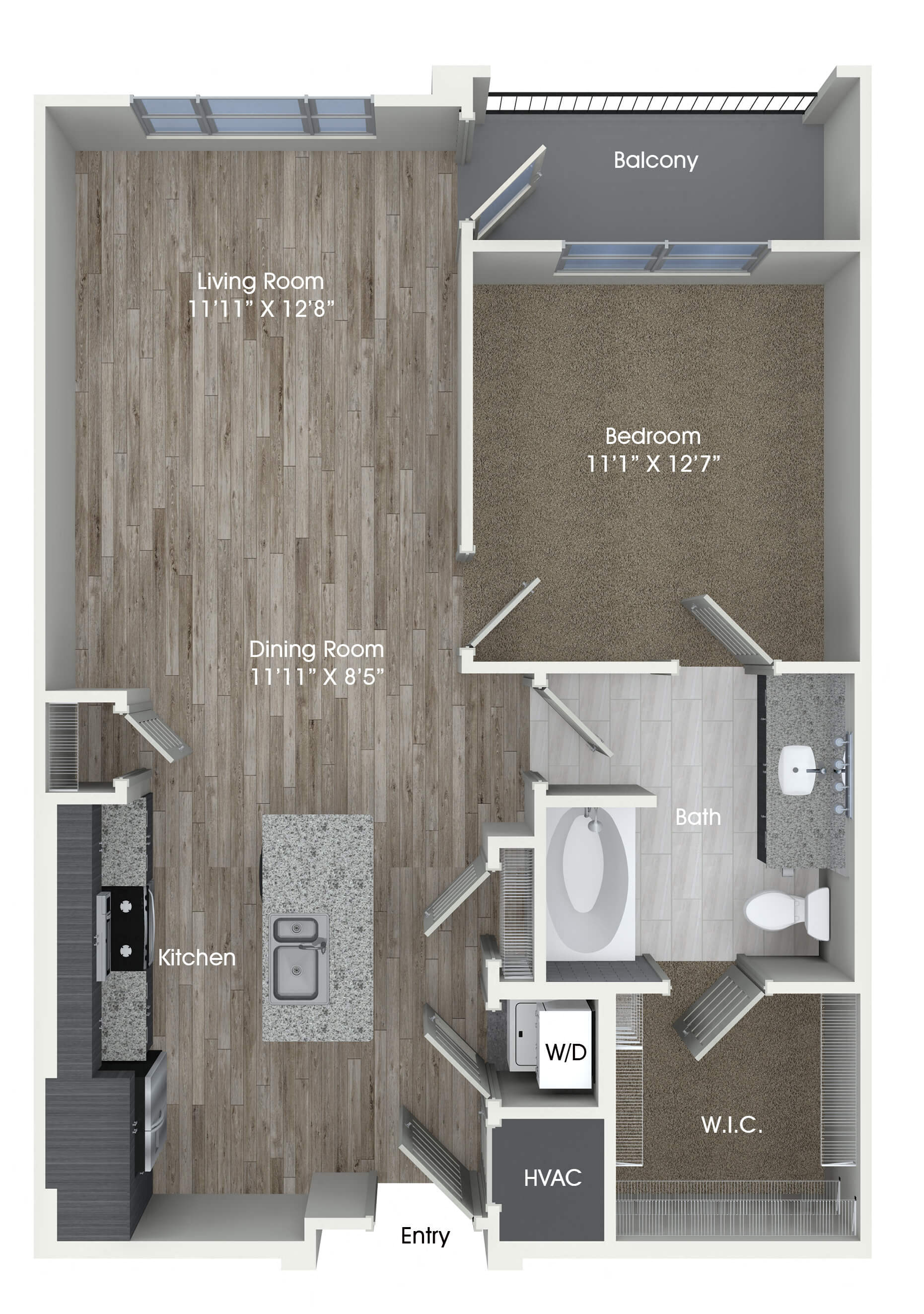 Floor plan for 1 bed, 1 bath, 750 sqft