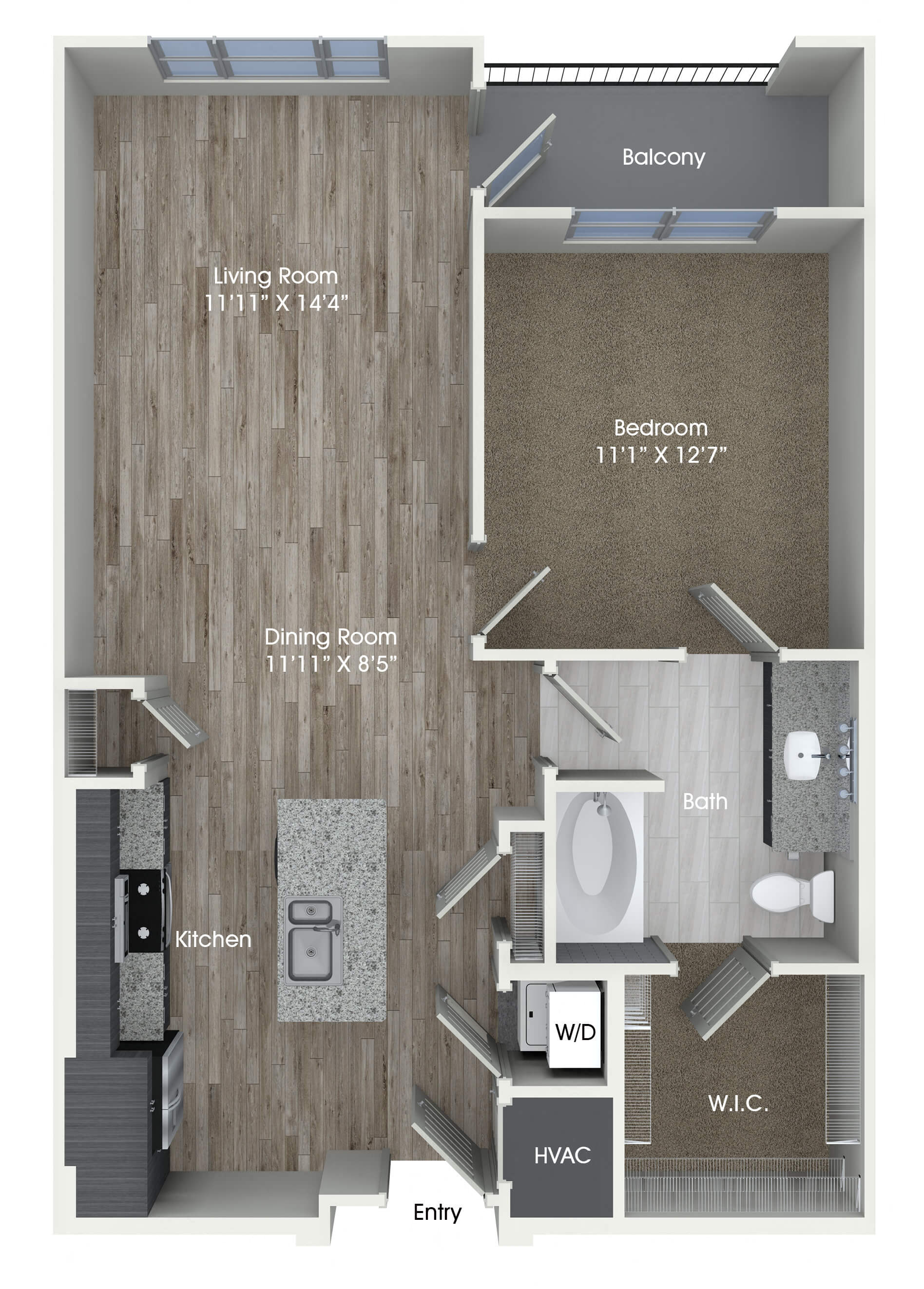 Floor plan for 1 bed, 1 bath, 779 sqft