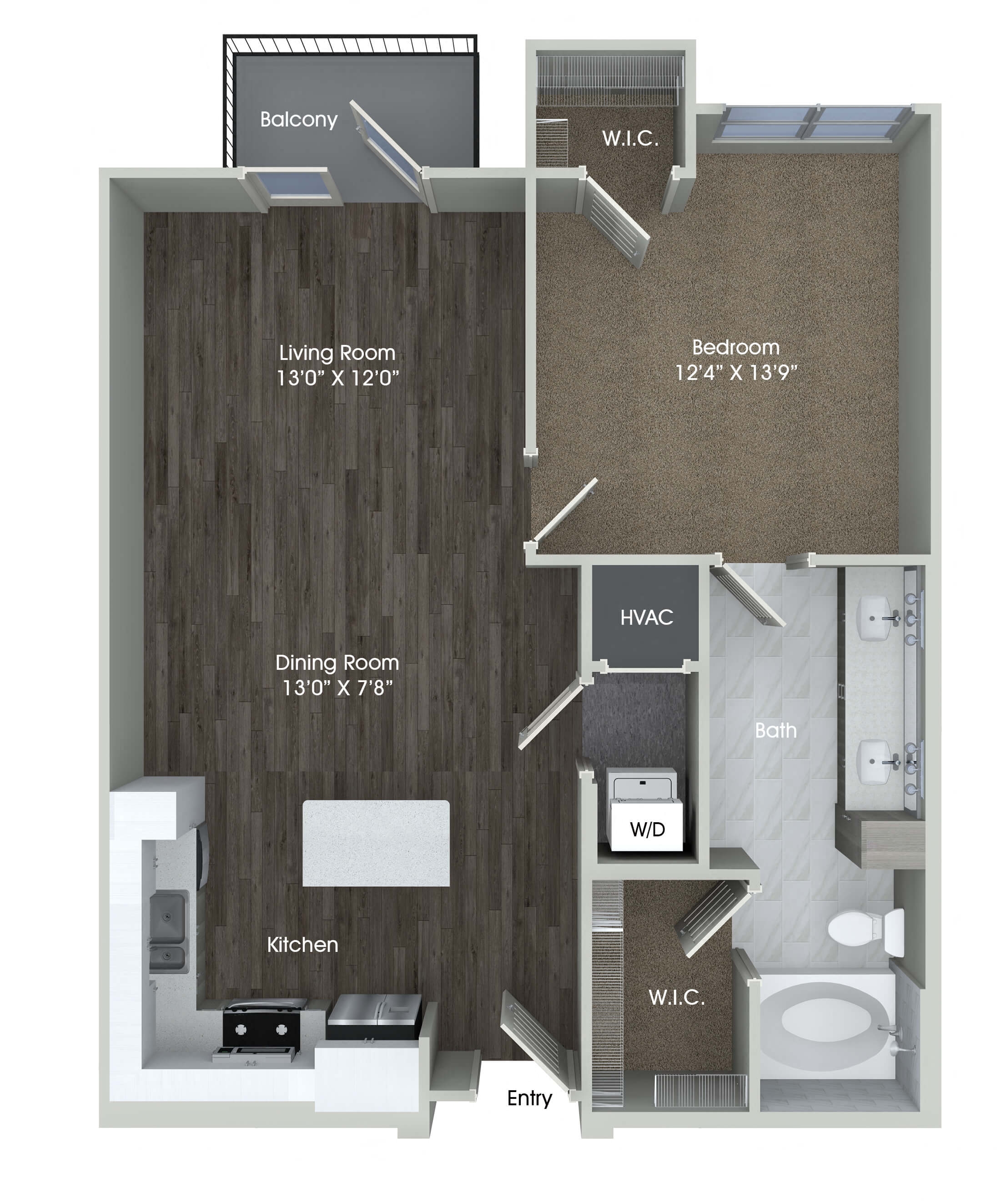 Floor plan for 1 bed, 1 bath, 824 sqft