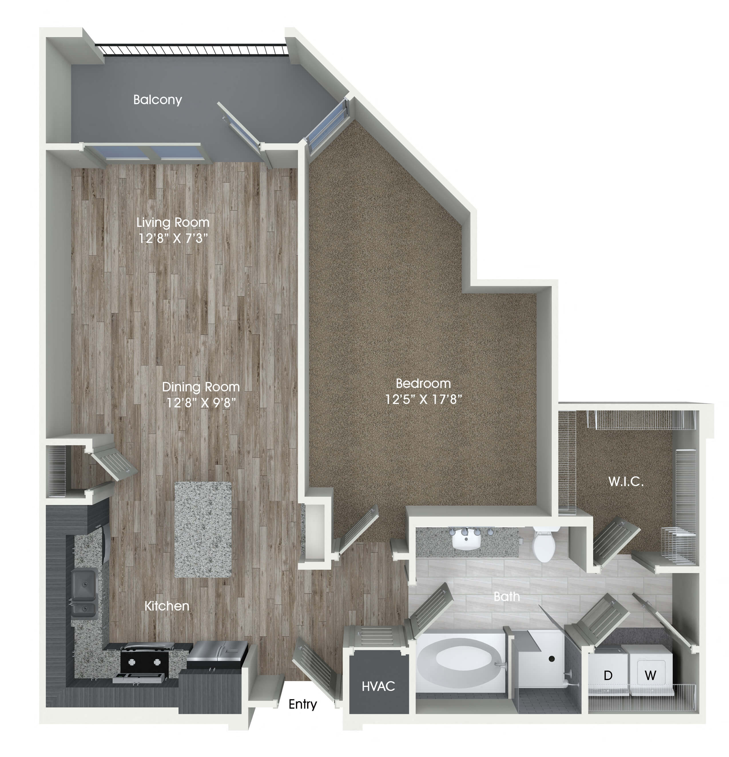 Floor plan for 1 bed, 1 bath, 851 sqft