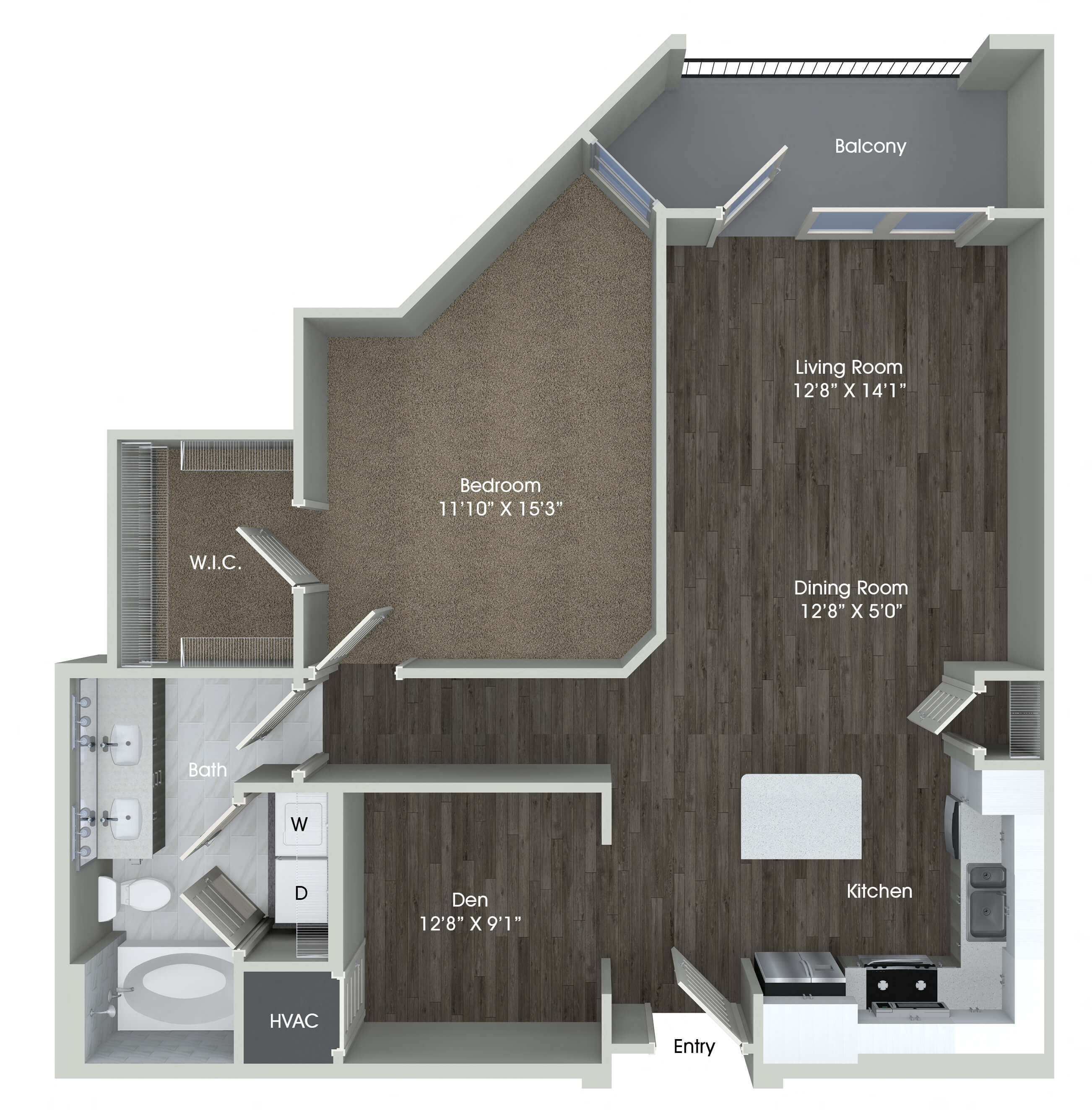 Floor plan for 1 bed, 1 bath, 890 sqft