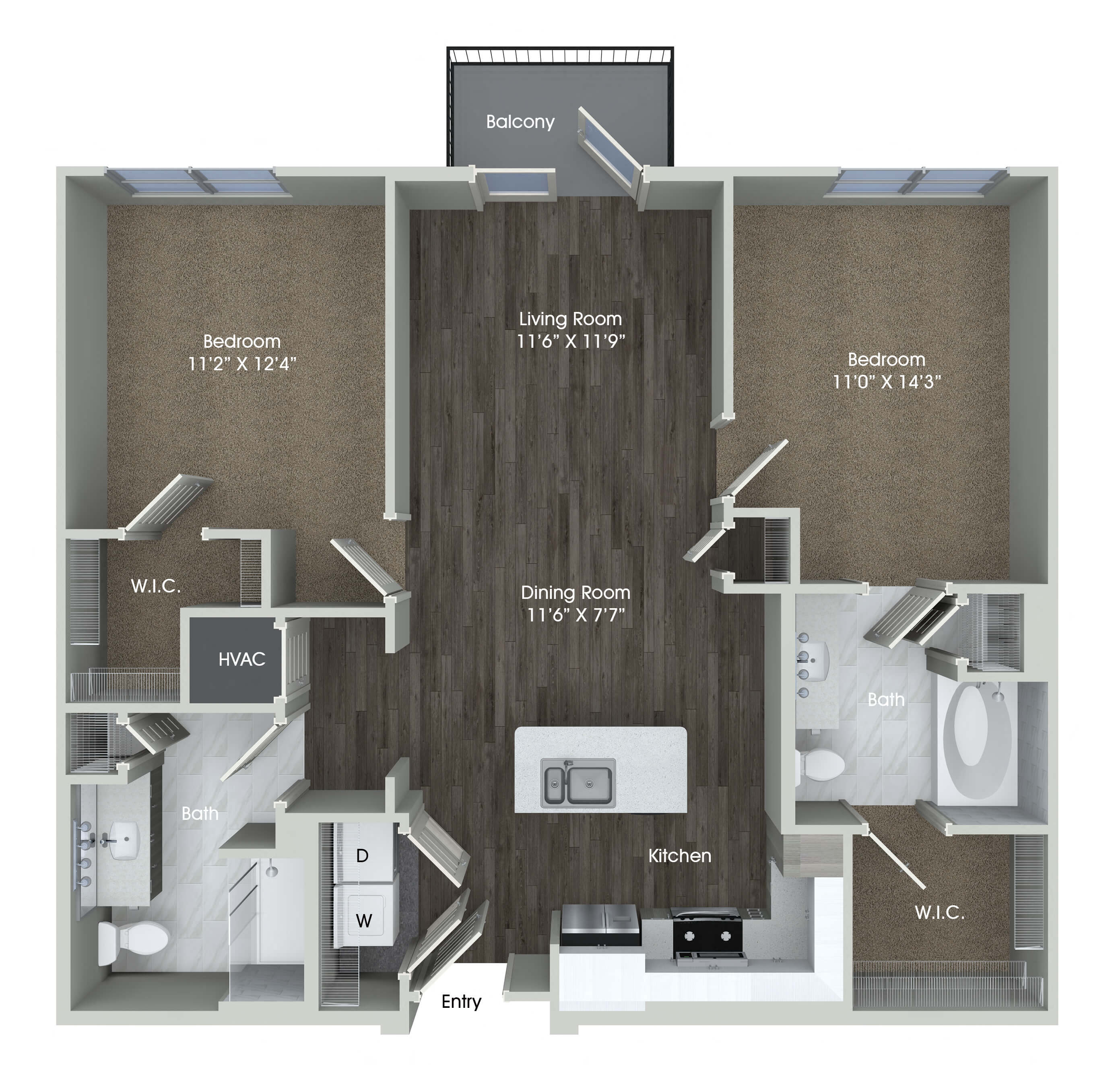 Floor plan for 2 beds, 2 baths, 1047 sqft