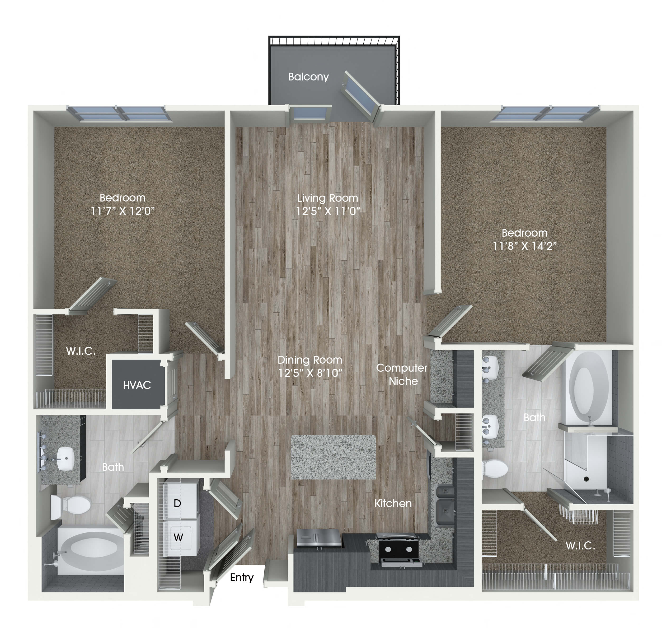 Floor plan for 2 beds, 2 baths, 1107 sqft