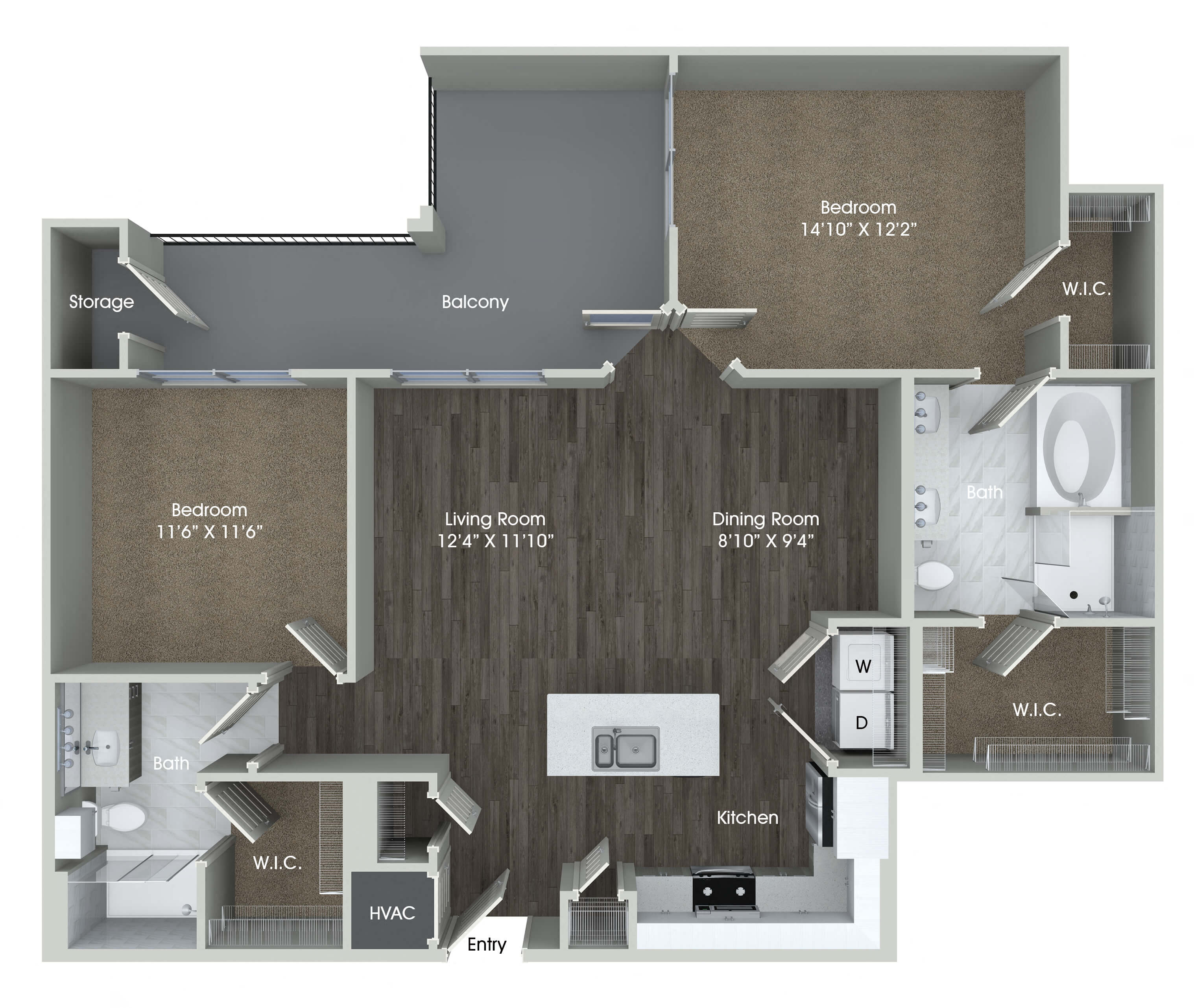 Floor plan for 2 beds, 2 baths, 1152 sqft