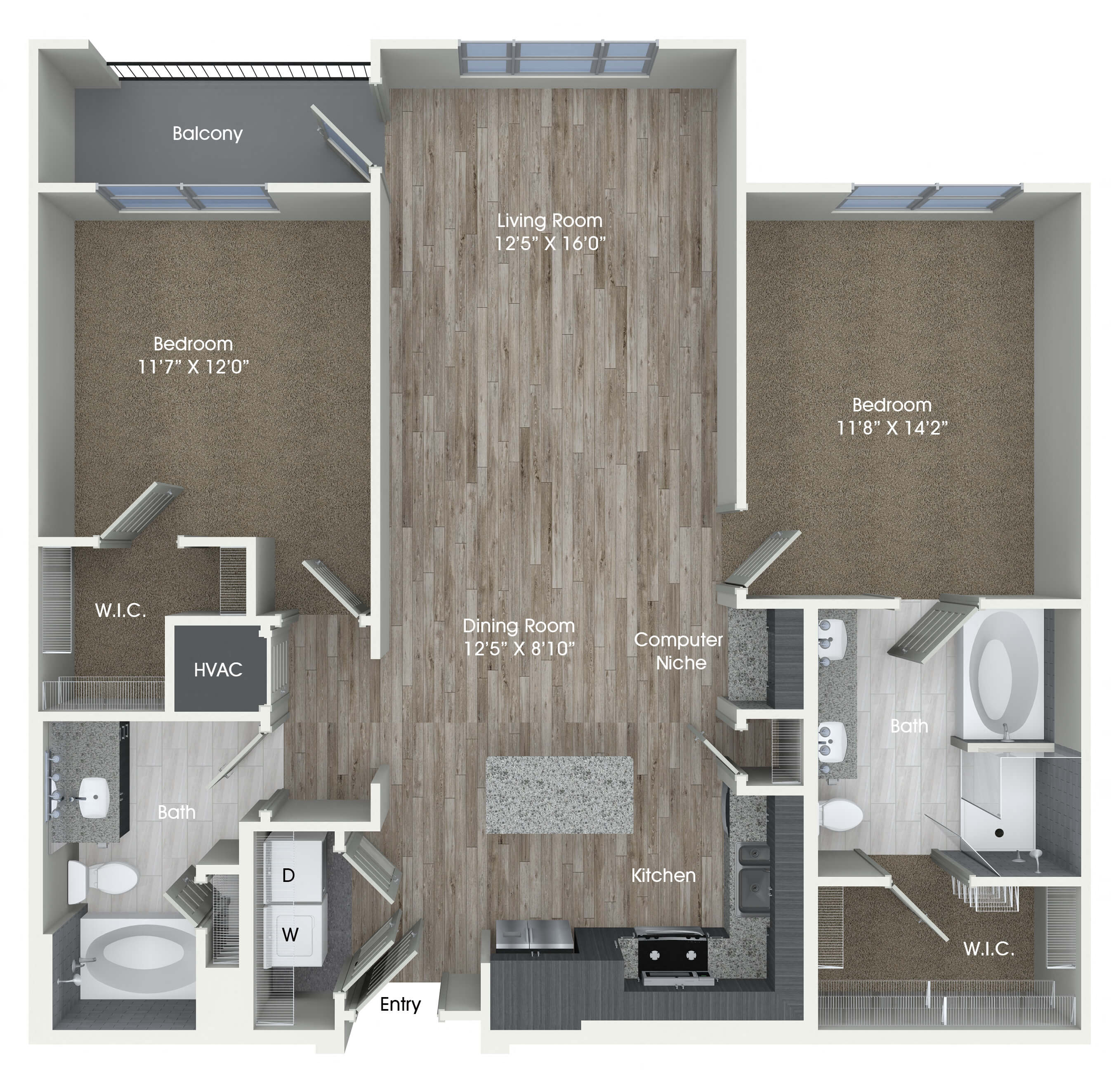 Floor plan for 2 beds, 2 baths, 1172 sqft