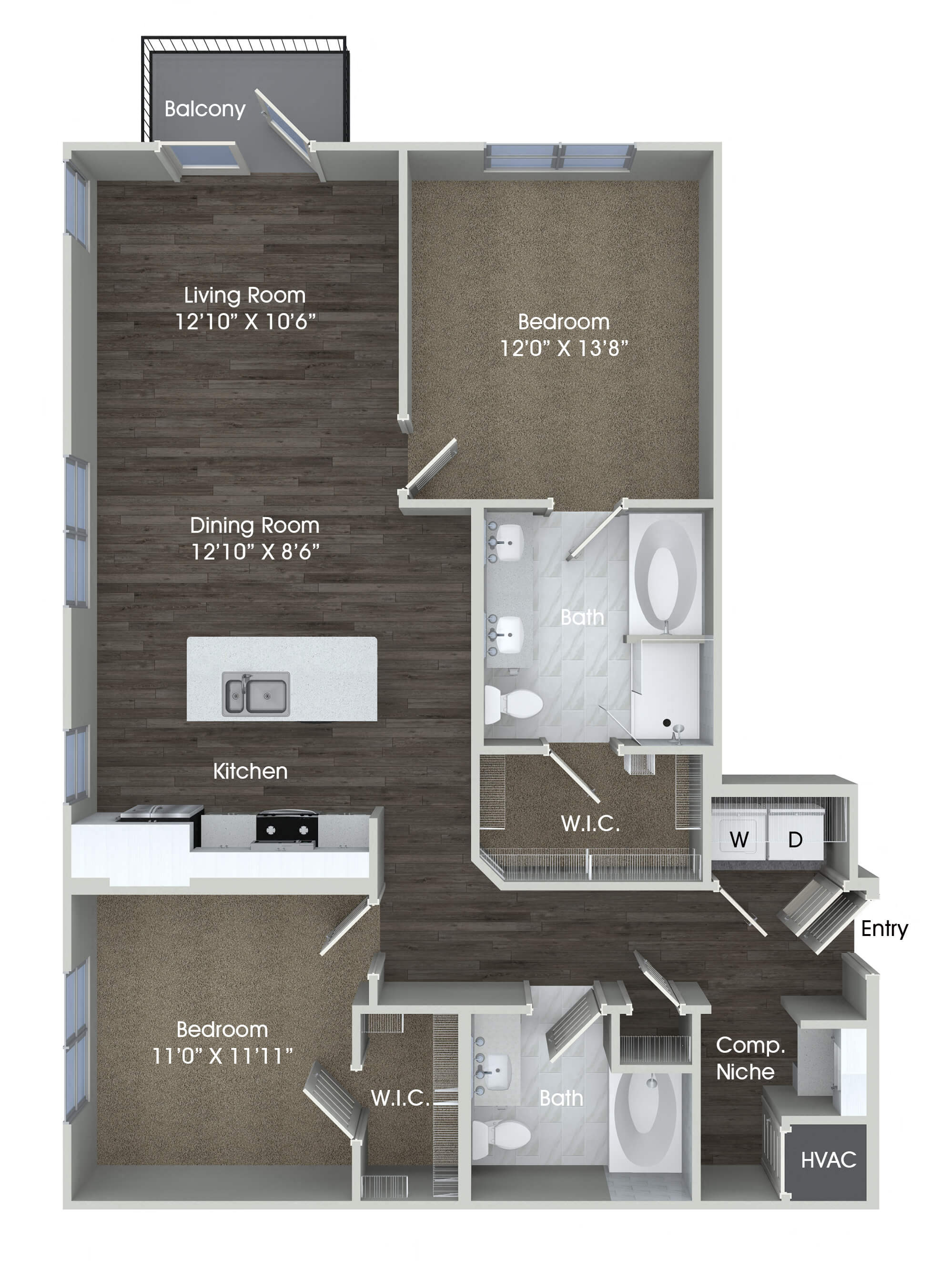 Floor plan for 2 beds, 2 baths, 1180 sqft