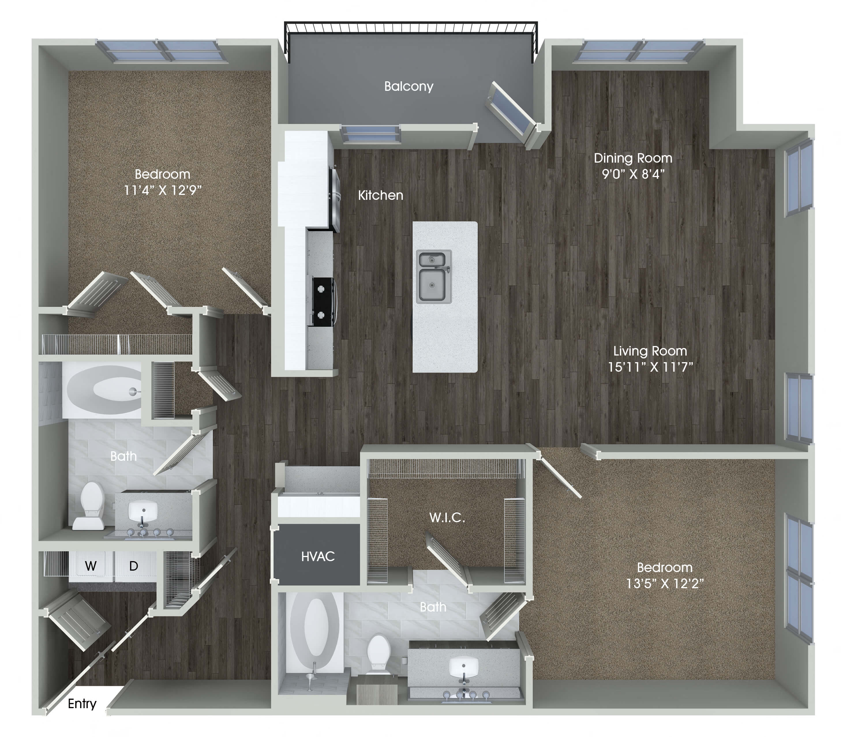 Floor plan for 2 beds, 2 baths, 1190 sqft