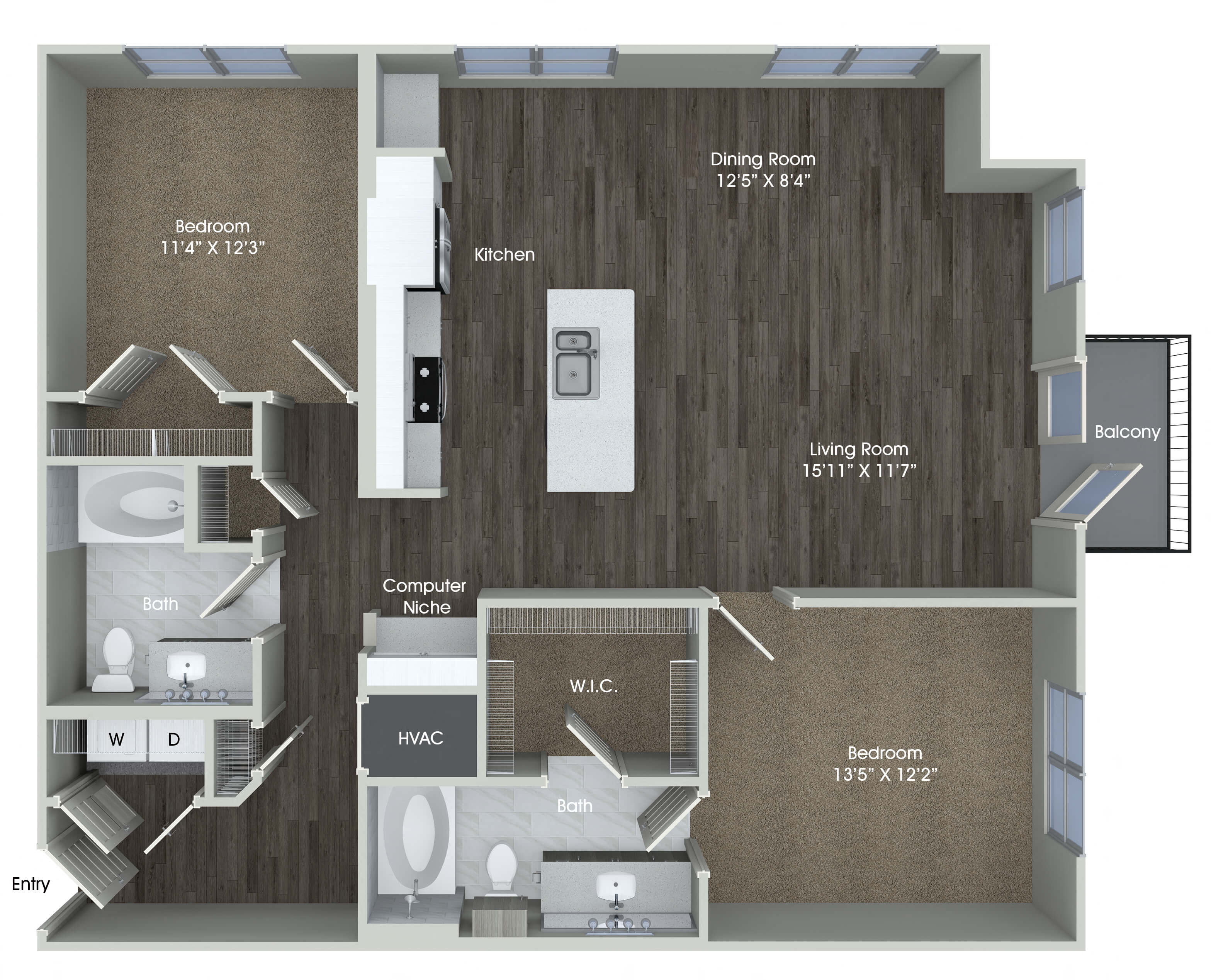 Floor plan for 2 beds, 2 baths, 1245 sqft