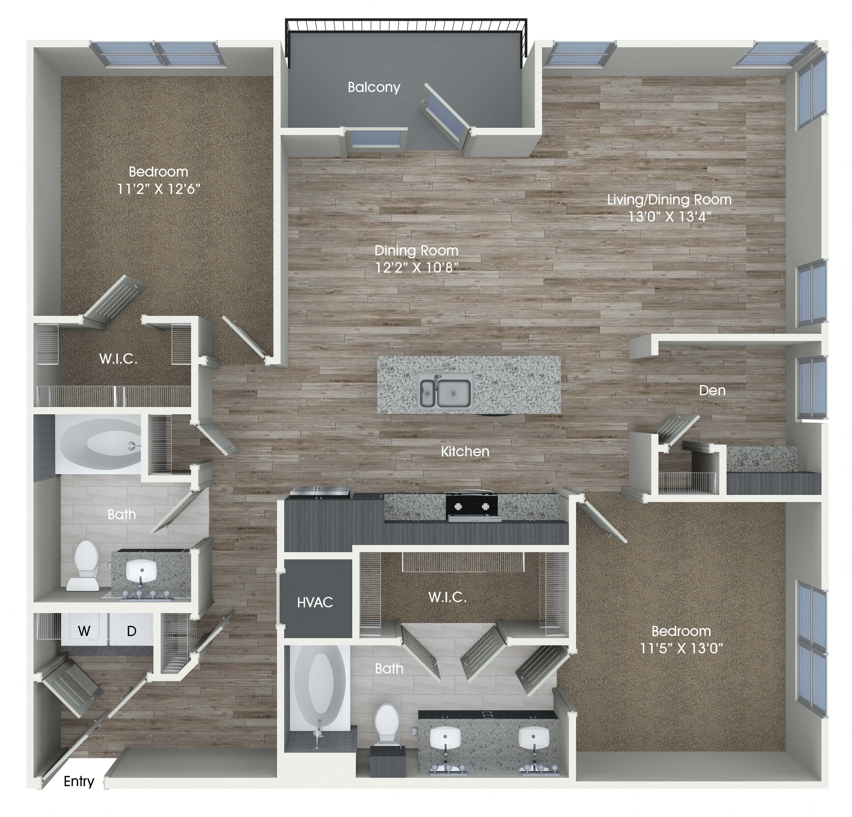 Floor plan for 2 beds, 2 baths, 1252 sqft