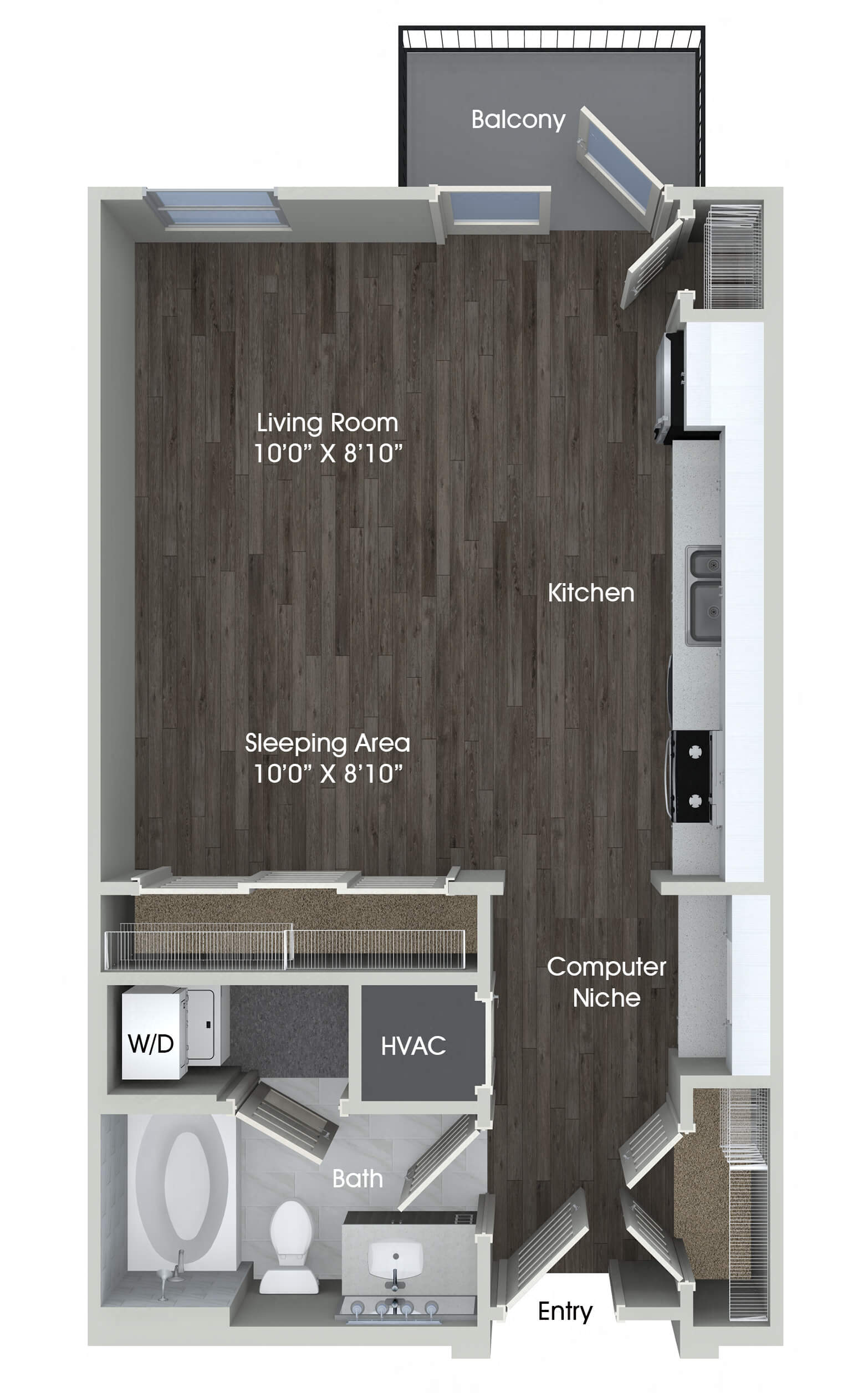 Floor plan for studio, 1 bath, 537 sqft