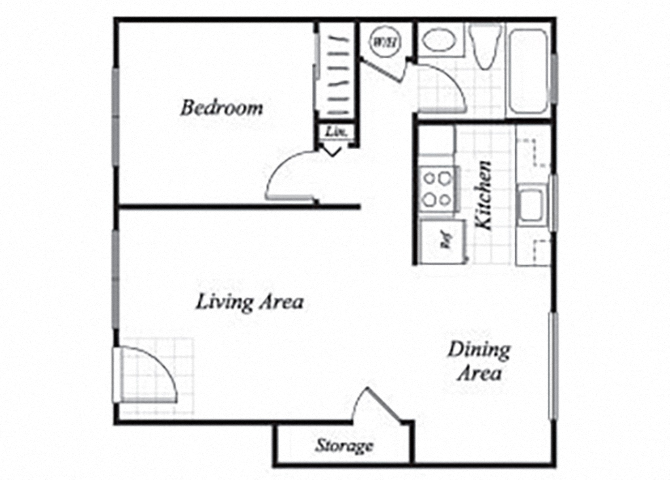Floor plan for 1 bed, 1 bath, 650 sqft