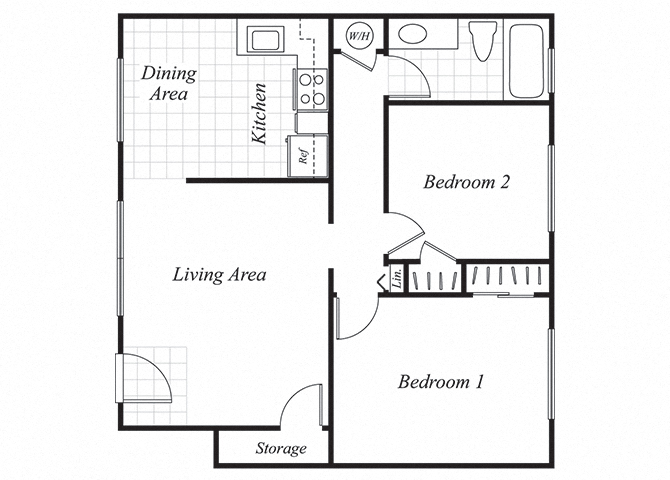 Floor plan for 2 beds, 1 bath, 830 sqft