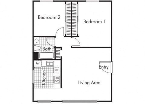 Floor plan for 2 beds, 1 bath, 616 sqft