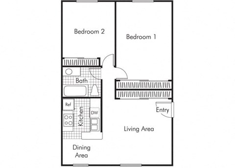 Floor plan for 2 beds, 1 bath, 770 sqft