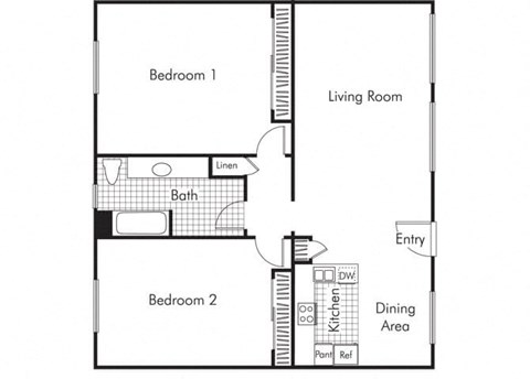 Floor plan for 2 beds, 1 bath, 950 sqft