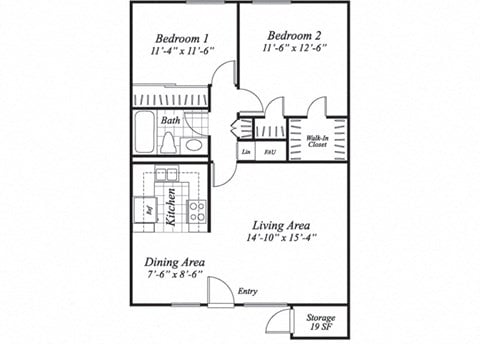 Floor plan for 2 beds, 1 bath, 803 sqft