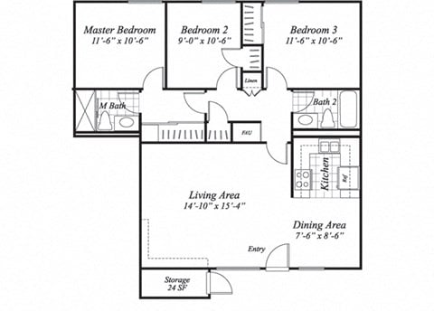 Floor plan for 3 beds, 2 baths, 1050 sqft