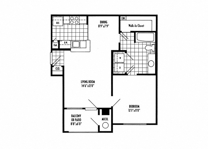 Floor plan for 1 bed, 1 bath, 671 sqft