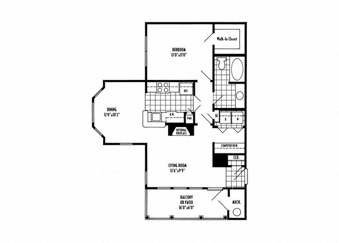 Floor plan for 1 bed, 1 bath, 776 sqft